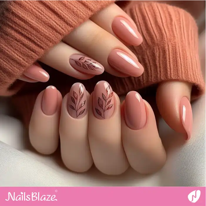Glossy Peach Fuzz Leaf Nails | Nature-inspired Nails - NB1665